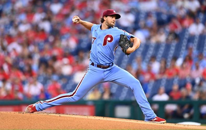 Aug 25, 2022; Philadelphia, Pennsylvania, USA; Philadelphia Phillies pitcher Aaron Nola (27) throws a pitch against the Cincinnati Reds in the first inning at Citizens Bank Park. Mandatory Credit: Kyle Ross-USA TODAY Sports