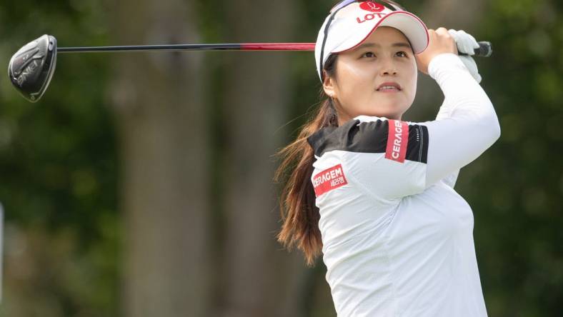 Aug 25, 2022; Ottawa, Ontario, CAN; Hye-Jin Choi of Korea tees off during the first round of the CP Women's Open golf tournament. Mandatory Credit: Marc DesRosiers-USA TODAY Sports