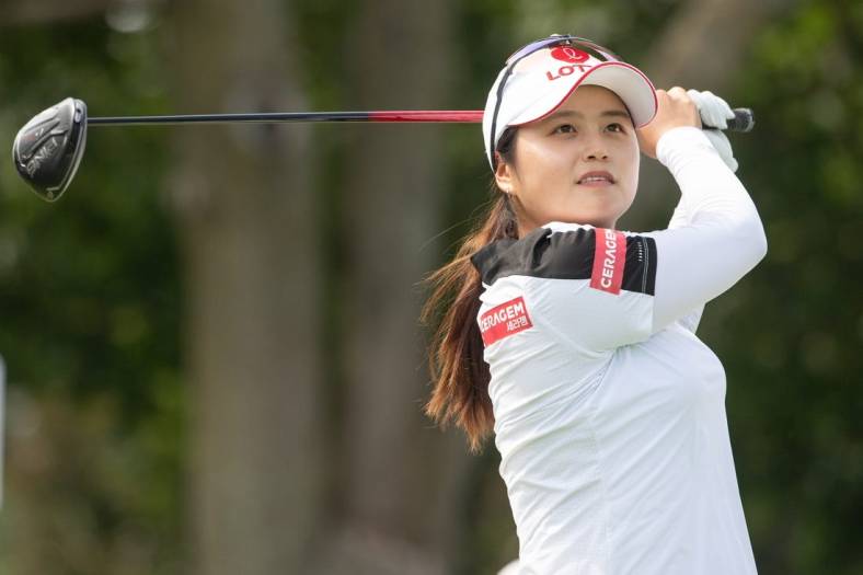 Aug 25, 2022; Ottawa, Ontario, CAN; Hye-Jin Choi of Korea tees off during the first round of the CP Women's Open golf tournament. Mandatory Credit: Marc DesRosiers-USA TODAY Sports