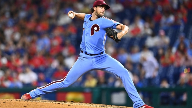 Aug 25, 2022; Philadelphia, Pennsylvania, USA; Philadelphia Phillies pitcher Aaron Nola (27) throws a pitch against the Cincinnati Reds in the fifth inning at Citizens Bank Park. Mandatory Credit: Kyle Ross-USA TODAY Sports