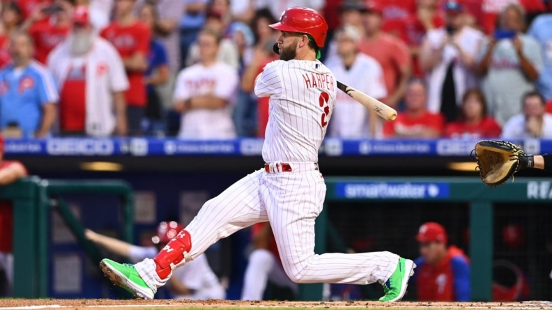 Aug 26, 2022; Philadelphia, Pennsylvania, USA; Philadelphia Phillies outfielder Bryce Harper (3) hits an RBI single against the Pittsburgh Pirates in the first inning at Citizens Bank Park. Mandatory Credit: Kyle Ross-USA TODAY Sports