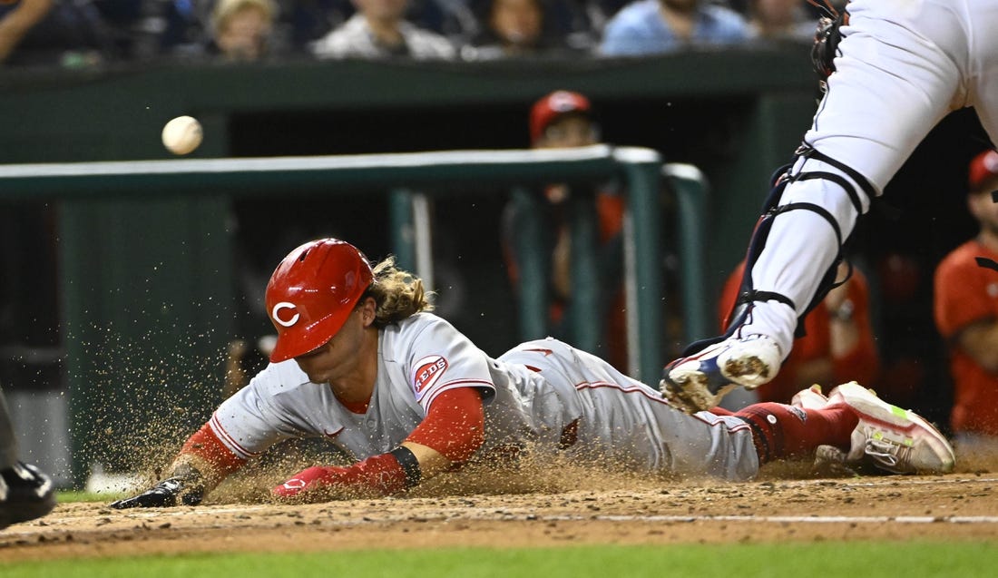 Aug 26, 2022; Washington, District of Columbia, USA; Cincinnati Reds left fielder TJ Friedl (29) scores a run against the Washington Nationals during the fifth inning at Nationals Park. Mandatory Credit: Brad Mills-USA TODAY Sports