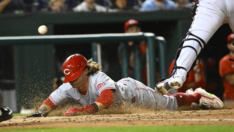 Aug 26, 2022; Washington, District of Columbia, USA; Cincinnati Reds left fielder TJ Friedl (29) scores a run against the Washington Nationals during the fifth inning at Nationals Park. Mandatory Credit: Brad Mills-USA TODAY Sports