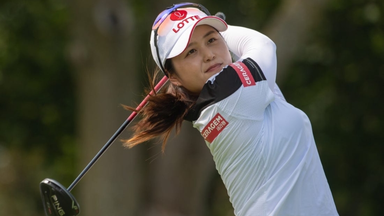 Aug 25, 2022; Ottawa, Ontario, CAN; Hye-Jin Choi of Korea tees off during the first round of the CP Women's Open golf tournament. Mandatory Credit: Marc DesRosiers-USA TODAY Sports