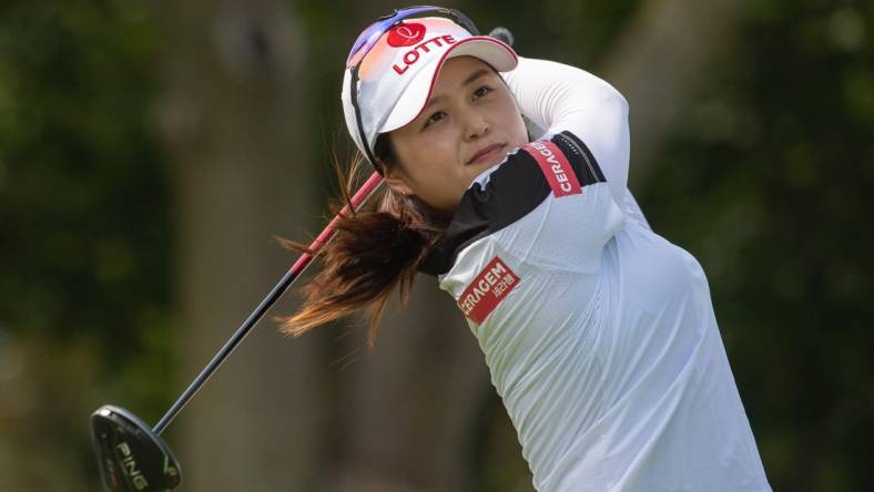 Aug 25, 2022; Ottawa, Ontario, CAN; Hye-Jin Choi of Korea tees off during the first round of the CP Women's Open golf tournament. Mandatory Credit: Marc DesRosiers-USA TODAY Sports