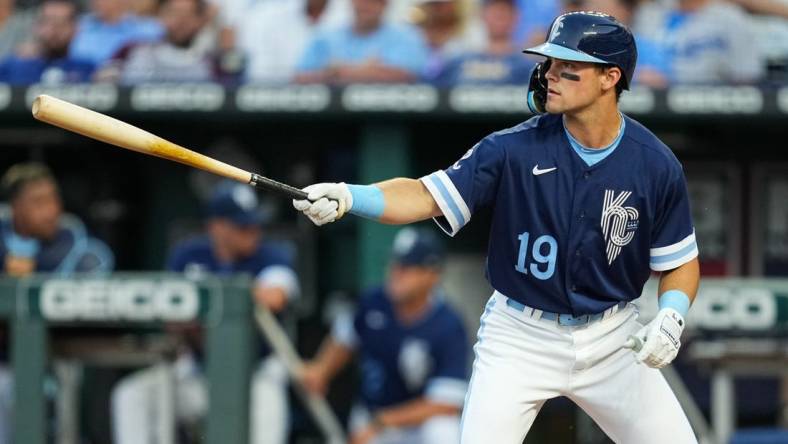 Aug 12, 2022; Kansas City, Missouri, USA; Kansas City Royals second baseman Michael Massey (19) bats against the Los Angeles Dodgers during the third inning at Kauffman Stadium. Mandatory Credit: Jay Biggerstaff-USA TODAY Sports