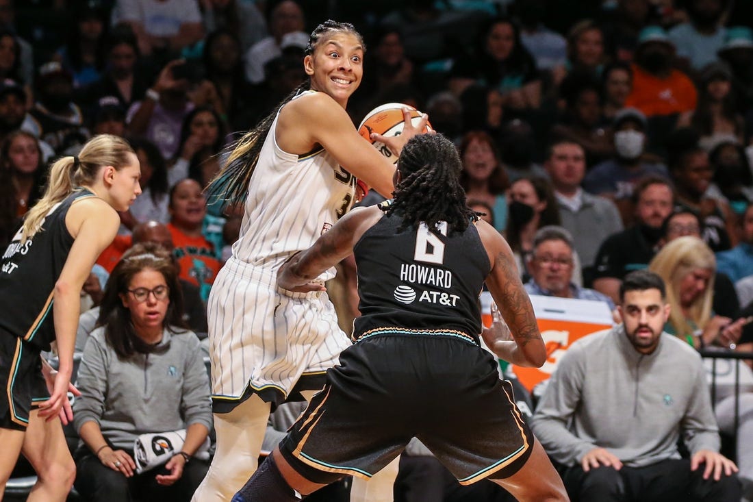 Aug 23, 2022; Brooklyn, New York, USA;  Chicago Sky forward Candace Parker (3) and New York Liberty forward Natasha Howard (6) at Barclays Center. Mandatory Credit: Wendell Cruz-USA TODAY Sports