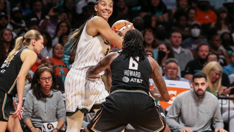 Aug 23, 2022; Brooklyn, New York, USA;  Chicago Sky forward Candace Parker (3) and New York Liberty forward Natasha Howard (6) at Barclays Center. Mandatory Credit: Wendell Cruz-USA TODAY Sports