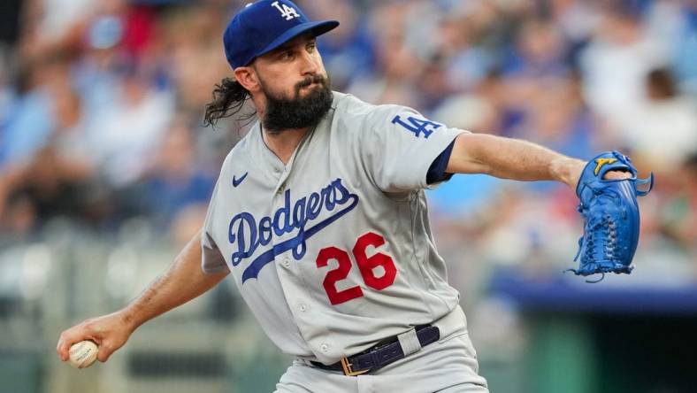 Aug 12, 2022; Kansas City, Missouri, USA; Los Angeles Dodgers starting pitcher Tony Gonsolin (26) pitches against the Kansas City Royals during the first inning at Kauffman Stadium. Mandatory Credit: Jay Biggerstaff-USA TODAY Sports