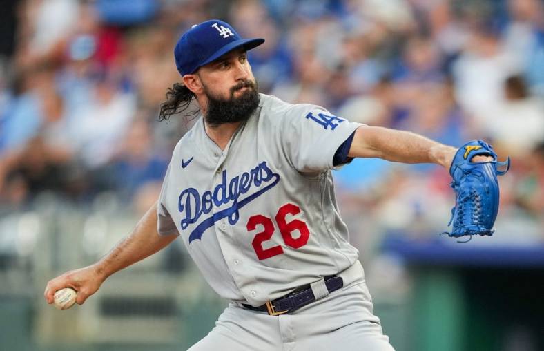 Aug 12, 2022; Kansas City, Missouri, USA; Los Angeles Dodgers starting pitcher Tony Gonsolin (26) pitches against the Kansas City Royals during the first inning at Kauffman Stadium. Mandatory Credit: Jay Biggerstaff-USA TODAY Sports