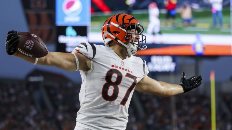 Aug 27, 2022; Cincinnati, Ohio, USA; Cincinnati Bengals tight end Justin Rigg (87) reacts after scoring a touchdown against the Los Angeles Rams in the second half at Paycor Stadium. Mandatory Credit: Katie Stratman-USA TODAY Sports