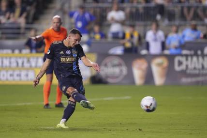 Aug 27, 2022; Chester, Pennsylvania, USA; Philadelphia Union midfielder Deniel Gazdag (6) scores a goal on a penalty kick against the Colorado Rapids in the first half at Subaru Park. Mandatory Credit: Mitchell Leff-USA TODAY Sports