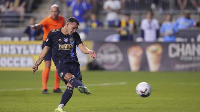 Aug 27, 2022; Chester, Pennsylvania, USA; Philadelphia Union midfielder Deniel Gazdag (6) scores a goal on a penalty kick against the Colorado Rapids in the first half at Subaru Park. Mandatory Credit: Mitchell Leff-USA TODAY Sports