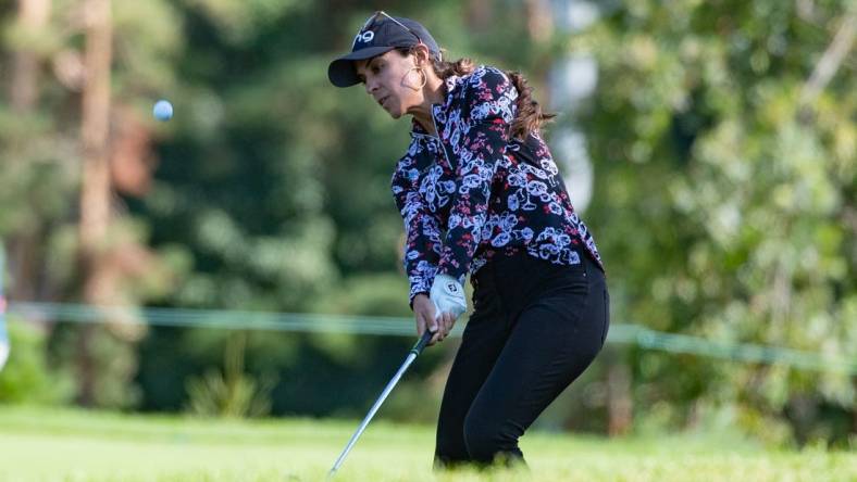 Aug 27, 2022; Ottawa, Ontario, CAN; Paula Reto from South Africa plays the 13th hole during the third round of the CP Women's Open golf tournament. Mandatory Credit: Marc DesRosiers-USA TODAY Sports