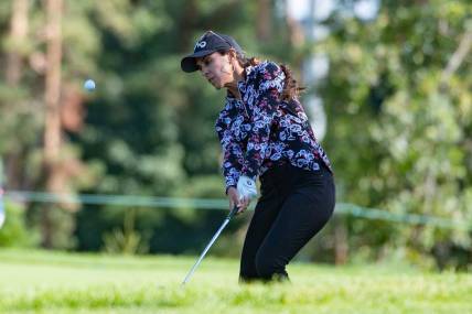 Aug 27, 2022; Ottawa, Ontario, CAN; Paula Reto from South Africa plays the 13th hole during the third round of the CP Women's Open golf tournament. Mandatory Credit: Marc DesRosiers-USA TODAY Sports