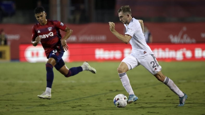 Aug 27, 2022; Frisco, Texas, USA; Real Salt Lake defender Andrew Brody (2) controls the ball past FC Dallas midfielder Edwin Cerrillo (6) during the first half at Toyota Stadium. Mandatory Credit: Kevin Jairaj-USA TODAY Sports