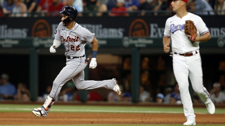 Aug 27, 2022; Arlington, Texas, USA;  Detroit Tigers left fielder Victor Reyes (22) runs to second base with a double in the fifth inning against the Texas Rangers at Globe Life Field. Mandatory Credit: Tim Heitman-USA TODAY Sports