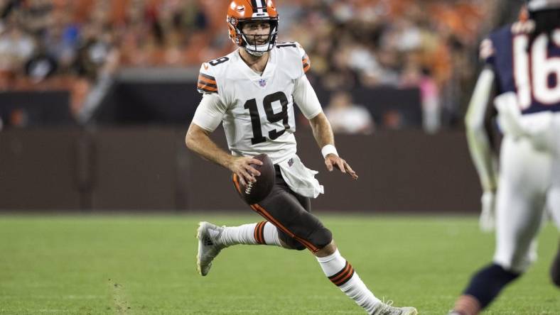 Aug 27, 2022; Cleveland, Ohio, USA; Cleveland Browns quarterback Josh Rosen (19) runs the ball against the Chicago Bears during the fourth quarter at FirstEnergy Stadium. Mandatory Credit: Scott Galvin-USA TODAY Sports