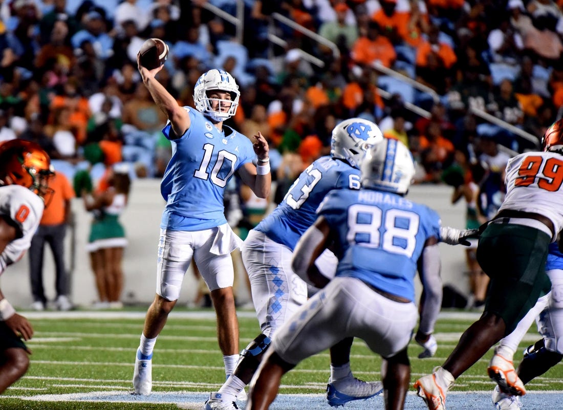 Aug 27, 2022; Chapel Hill, North Carolina, USA;North Carolina Tar Heels quarterback Drake Maye (10) throws a pass against the Florida A&M Rattlers during the second half at Kenan Memorial Stadium. Mandatory Credit: Rob Kinnan-USA TODAY Sports