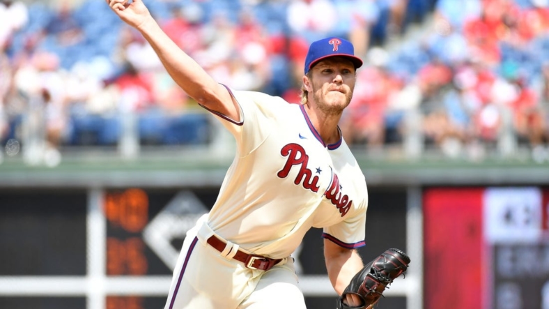 Aug 28, 2022; Philadelphia, Pennsylvania, USA; Philadelphia Phillies starting pitcher Noah Syndergaard (43) throws a pitch against the Pittsburgh Pirates during the second inning at Citizens Bank Park. Mandatory Credit: Eric Hartline-USA TODAY Sports