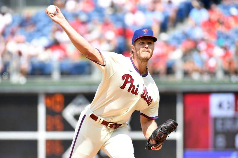 Aug 28, 2022; Philadelphia, Pennsylvania, USA; Philadelphia Phillies starting pitcher Noah Syndergaard (43) throws a pitch against the Pittsburgh Pirates during the second inning at Citizens Bank Park. Mandatory Credit: Eric Hartline-USA TODAY Sports