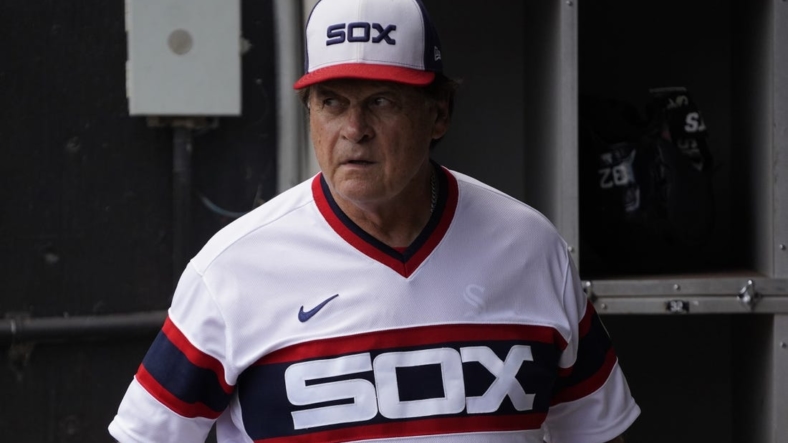 Aug 28, 2022; Chicago, Illinois, USA; Chicago White Sox manager Tony La Russa (22) in the dugout before the game against the Arizona Diamondbacks at Guaranteed Rate Field. Mandatory Credit: David Banks-USA TODAY Sports