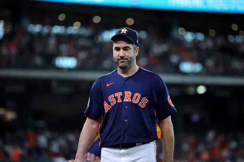 Aug 28, 2022; Houston, Texas, USA; Houston Astros starting pitcher Justin Verlander (35) walks to the dugout after retiring the side against the Baltimore Orioles during the third inning at Minute Maid Park. Mandatory Credit: Erik Williams-USA TODAY Sports