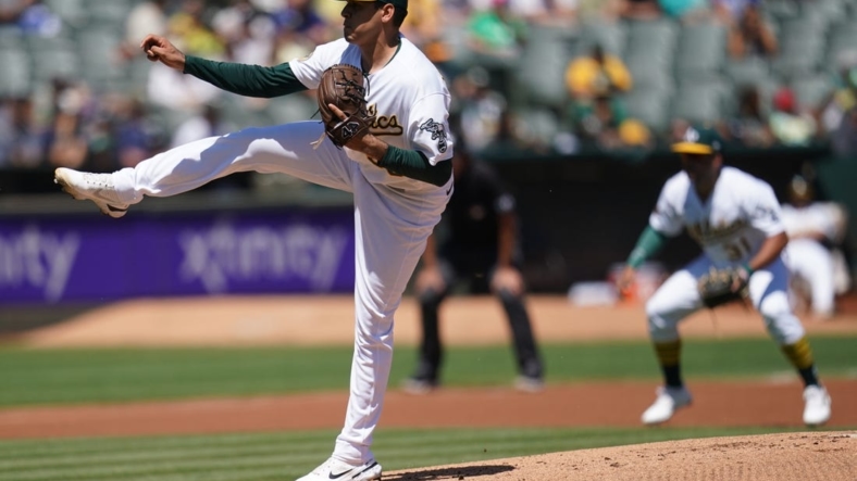 Aug 28, 2022; Oakland, California, USA; Oakland Athletics pitcher Adrian Martinez (55) follows through on a pitch against the New York Yankees in the first inning at RingCentral Coliseum. Mandatory Credit: Cary Edmondson-USA TODAY Sports