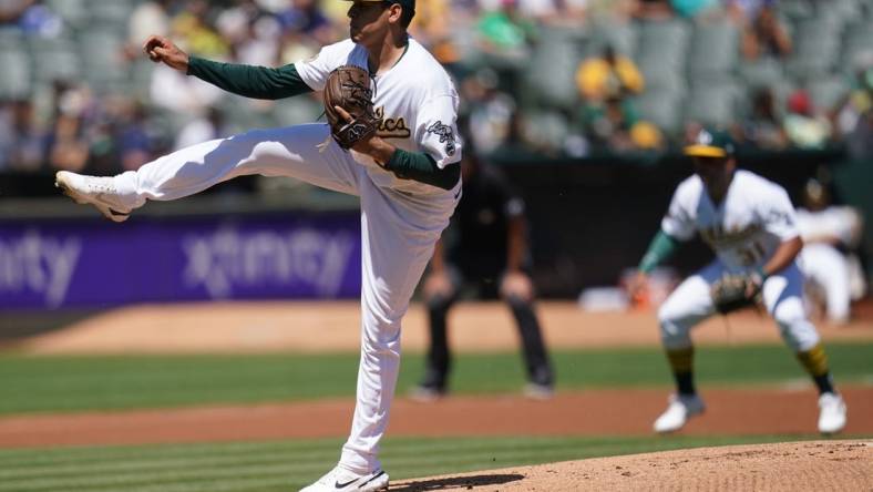 Aug 28, 2022; Oakland, California, USA; Oakland Athletics pitcher Adrian Martinez (55) follows through on a pitch against the New York Yankees in the first inning at RingCentral Coliseum. Mandatory Credit: Cary Edmondson-USA TODAY Sports