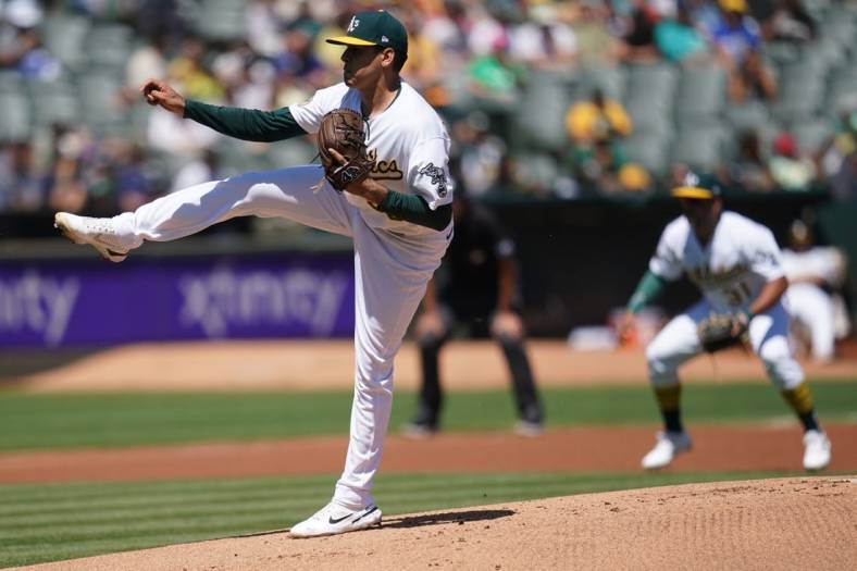 Aug 28, 2022; Oakland, California, USA; Oakland Athletics pitcher Adrian Martinez (55) follows through on a pitch against the New York Yankees in the first inning at RingCentral Coliseum. Mandatory Credit: Cary Edmondson-USA TODAY Sports