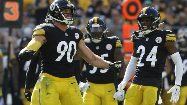 Aug 28, 2022; Pittsburgh, Pennsylvania, USA;  Pittsburgh Steelers linebacker T.J. Watt (90) reacts after making a tackle in the backfield for a loss against the Detroit Lions during the first quarter at Acrisure Stadium. Mandatory Credit: Charles LeClaire-USA TODAY Sports