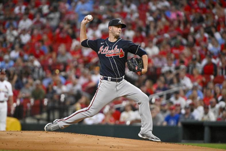 Aug 28, 2022; St. Louis, Missouri, USA;  Atlanta Braves starting pitcher Jake Odorizzi (12) pitches against the St. Louis Cardinals during the first inning at Busch Stadium. Mandatory Credit: Jeff Curry-USA TODAY Sports