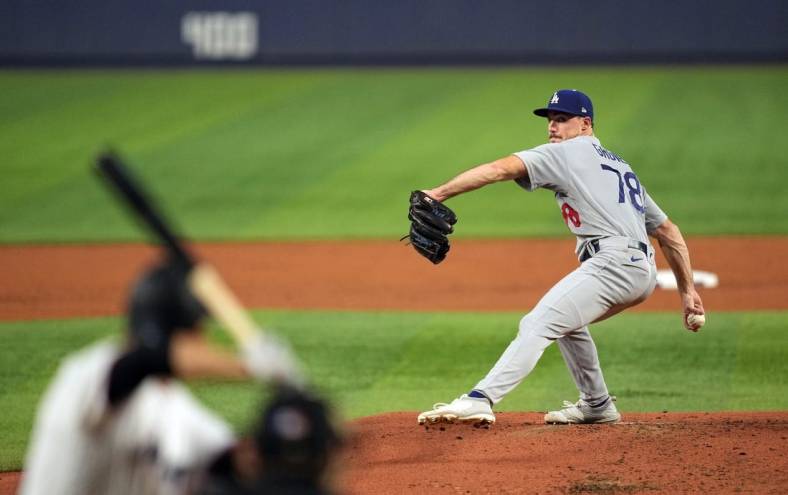 Aug 29, 2022; Miami, Florida, USA; Los Angeles Dodgers starting pitcher Michael Grove (78) delivers against the Miami Marlins in the first inning at loanDepot Park. Mandatory Credit: Jim Rassol-USA TODAY Sports