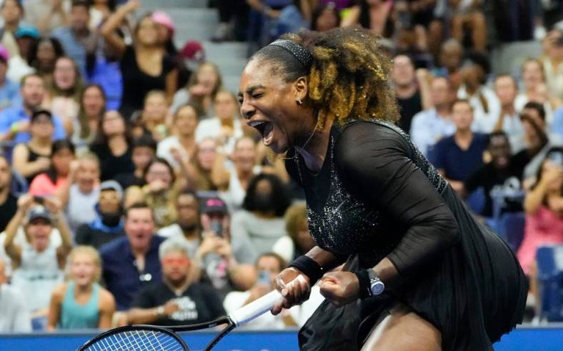 Aug 29, 2022; Flushing, NY, USA;  Serena Williams of the USA reacts after winning the first set against Danka Kovinic of Montenegro on day one of the 2022 U.S. Open Tennis Tournament at the Billie Jean King National Tennis Center. Mandatory Credit: Robert Deutsch-USA TODAY Sports