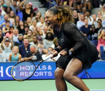 Aug 29, 2022; Flushing, NY, USA;  Serena Williams of the USA reacts after winning the first set against Danka Kovinic of Montenegro on day one of the 2022 U.S. Open Tennis Tournament at the Billie Jean King National Tennis Center. Mandatory Credit: Robert Deutsch-USA TODAY Sports