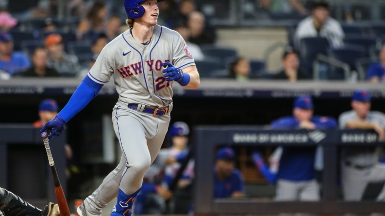 Aug 22, 2022; Bronx, New York, USA;  New York Mets third baseman Brett Baty (22) at Yankee Stadium. Mandatory Credit: Wendell Cruz-USA TODAY Sports