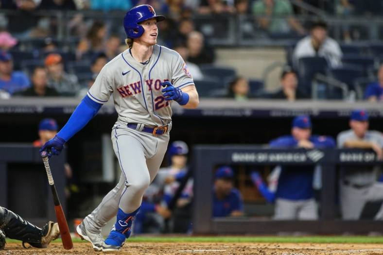 Aug 22, 2022; Bronx, New York, USA;  New York Mets third baseman Brett Baty (22) at Yankee Stadium. Mandatory Credit: Wendell Cruz-USA TODAY Sports