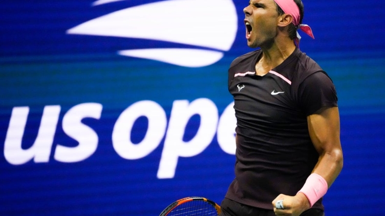 Aug 30, 2022; Flushing, NY, USA;   Rafael Nadal of Spain after winning the 2nd set against Rinky Hijikata of Australia on day two of the 2022 U.S. Open tennis tournament at USTA Billie Jean King National Tennis Center. Mandatory Credit: Robert Deutsch-USA TODAY Sports