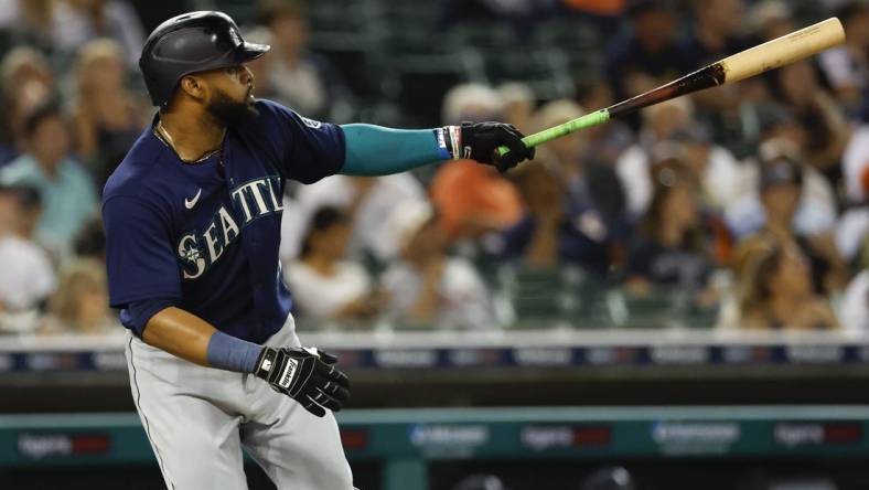 Aug 30, 2022; Detroit, Michigan, USA; Seattle Mariners designated hitter Carlos Santana (41) hits a two-run home run in the fifth inning against the Detroit Tigers at Comerica Park. Mandatory Credit: Rick Osentoski-USA TODAY Sports