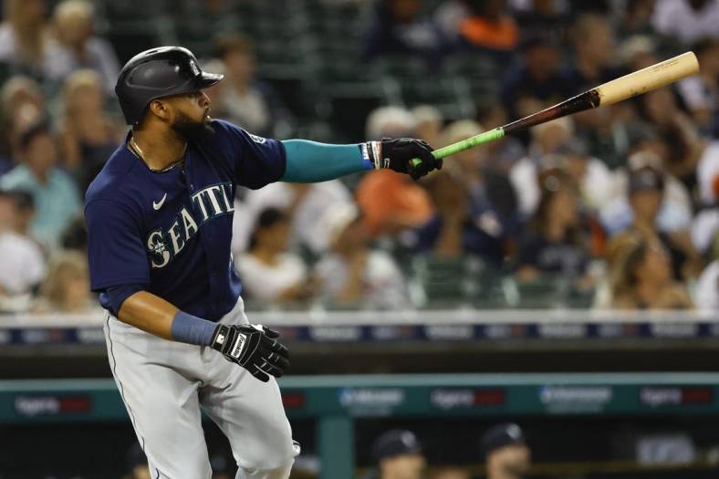 Seattle Mariners' Carlos Santana (41) bats against the Detroit