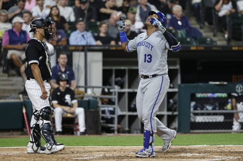 Aug 30, 2022; Chicago, Illinois, USA; Kansas City Royals catcher Salvador Perez (13) crosses home plate after hitting a two-run home run against the Chicago White Sox during the third inning at Guaranteed Rate Field. Mandatory Credit: Kamil Krzaczynski-USA TODAY Sports