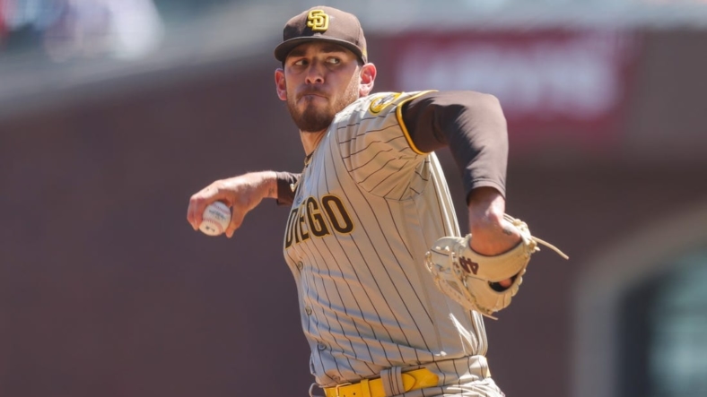 Aug 31, 2022; San Francisco, California, USA; San Diego Padres starting pitcher Joe Musgrove (44) throws a pitch during the first inning against the San Francisco Giants at Oracle Park. Mandatory Credit: Sergio Estrada-USA TODAY Sports