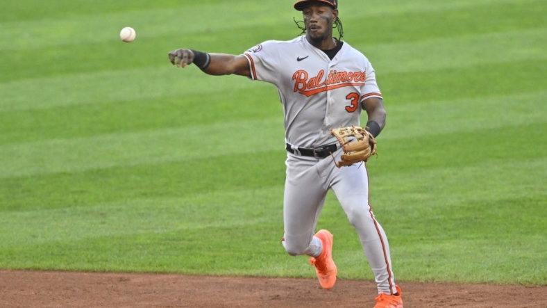 Aug 31, 2022; Cleveland, Ohio, USA; Baltimore Orioles shortstop Jorge Mateo (3) throws to first base in the third inning against the Cleveland Guardians at Progressive Field. Mandatory Credit: David Richard-USA TODAY Sports