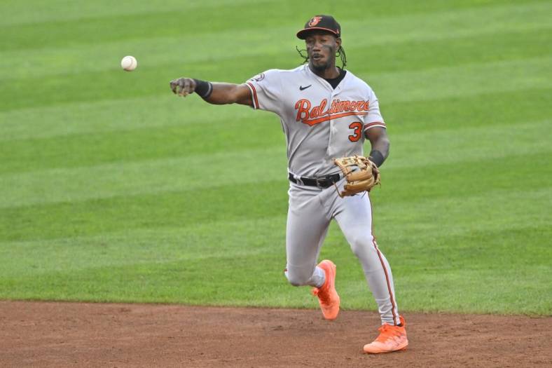 Aug 31, 2022; Cleveland, Ohio, USA; Baltimore Orioles shortstop Jorge Mateo (3) throws to first base in the third inning against the Cleveland Guardians at Progressive Field. Mandatory Credit: David Richard-USA TODAY Sports
