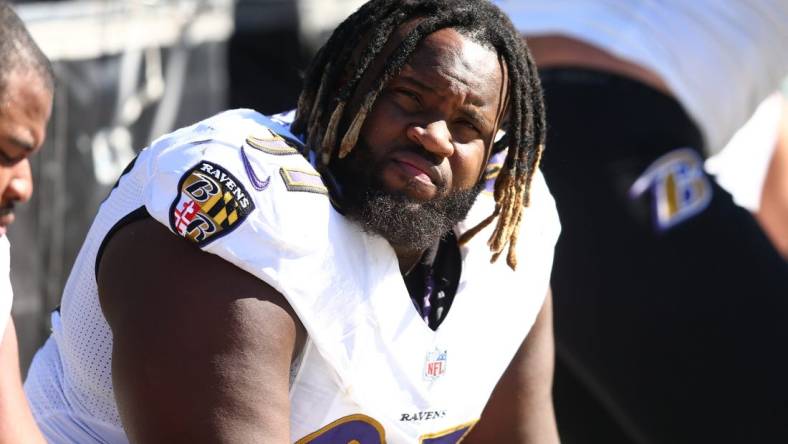 Oct 28, 2018; Charlotte, NC, USA; Baltimore Ravens defensive tackle Michael Pierce (97) sits on the bench during the game against the Carolina Panthers at Bank of America Stadium. Mandatory Credit: Jeremy Brevard-USA TODAY Sports