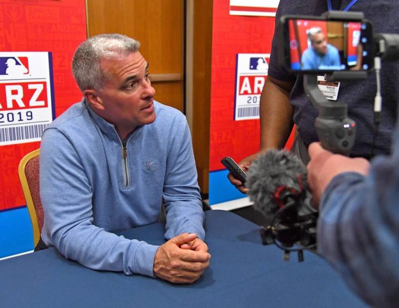 Feb 19, 2019; Glendale, AZ, USA;   Kansas City Royals Senior Vice President of Baseball Operations and General Manager Dayton Moore speaks to the media during spring training media day at the Glendale Civic Center. Mandatory Credit: Jayne Kamin-Oncea-USA TODAY Sports