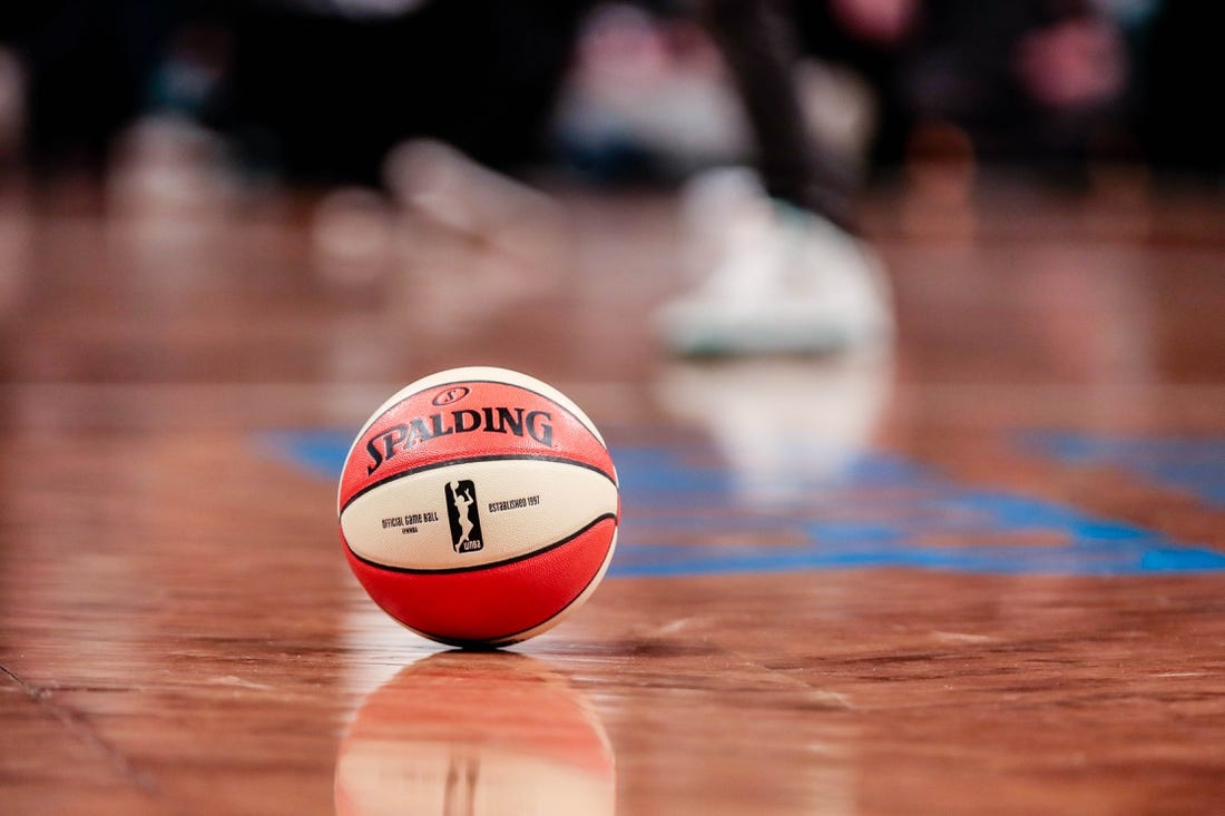 May 9, 2019; New York City, NY, USA; A general view of the game ball during the preseason WNBA game between the New York Liberty and the China National Team at Barclays Center.  Mandatory Credit: Vincent Carchietta-USA TODAY Sports