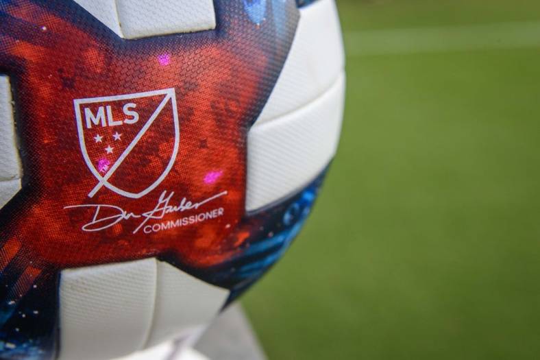 Jul 4, 2019; Frisco, TX, USA; A view of the game ball and MLS logo before the game between FC Dallas and the D.C. United at Toyota Stadium. Mandatory Credit: Jerome Miron-USA TODAY Sports