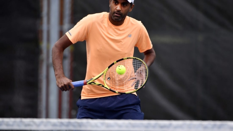 Aug 3, 2019; Montreal, Quebec, Canada; Rajeev Ram of the United States practices during the Rogers Cup tennis tournament at Stade IGA. Mandatory Credit: Eric Bolte-USA TODAY Sports
