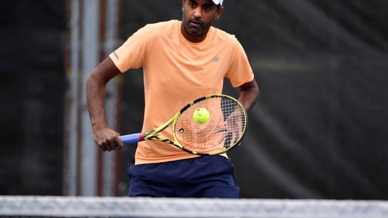 Aug 3, 2019; Montreal, Quebec, Canada; Rajeev Ram of the United States practices during the Rogers Cup tennis tournament at Stade IGA. Mandatory Credit: Eric Bolte-USA TODAY Sports